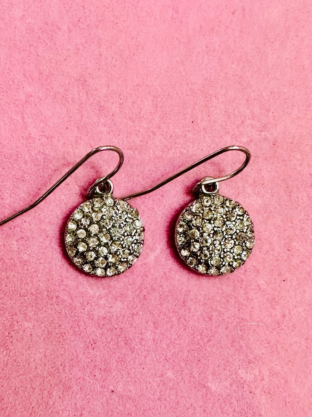 Silver Tone Pave Crystal Disc Drop Earrings